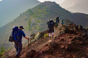 a group of people walking in trails for hiking or trekking